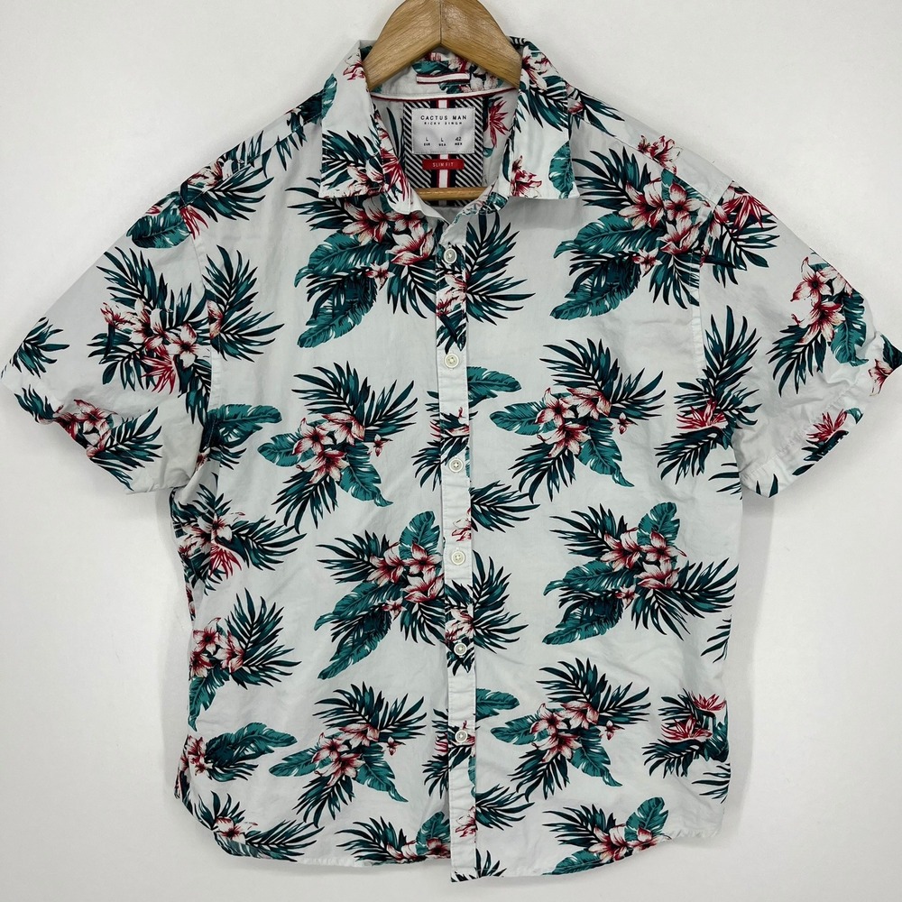 Cactus Man Ricky Singh Mens Large Slim Fit Tropical Floral Palm Button Shirt
